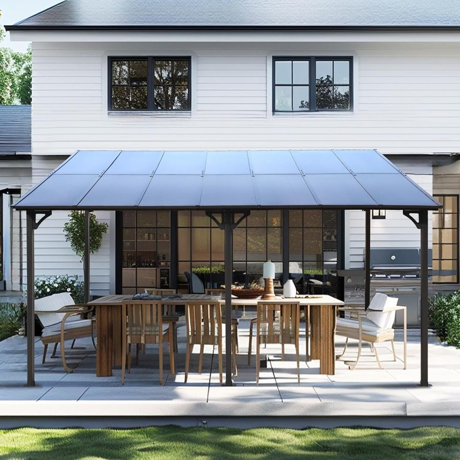 10 x 14 ft. Wall-Mounted Lean-To Gazebo with Polycarbonate Roof, Grey - Image 1