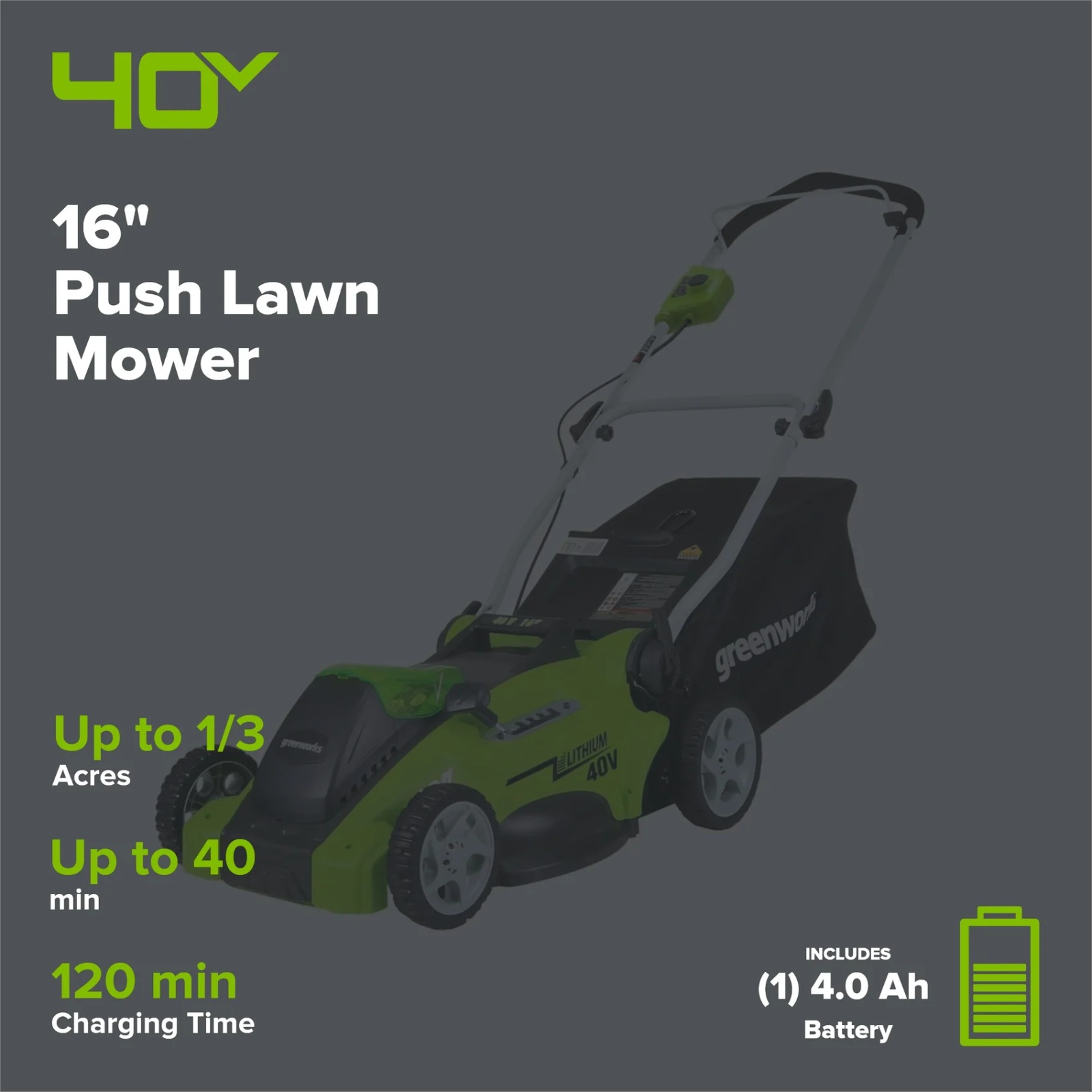 40V 16" Cordless Battery Push Lawn Mower w/ 4.0Ah Battery & Charger, LM1604 thumbnail 2