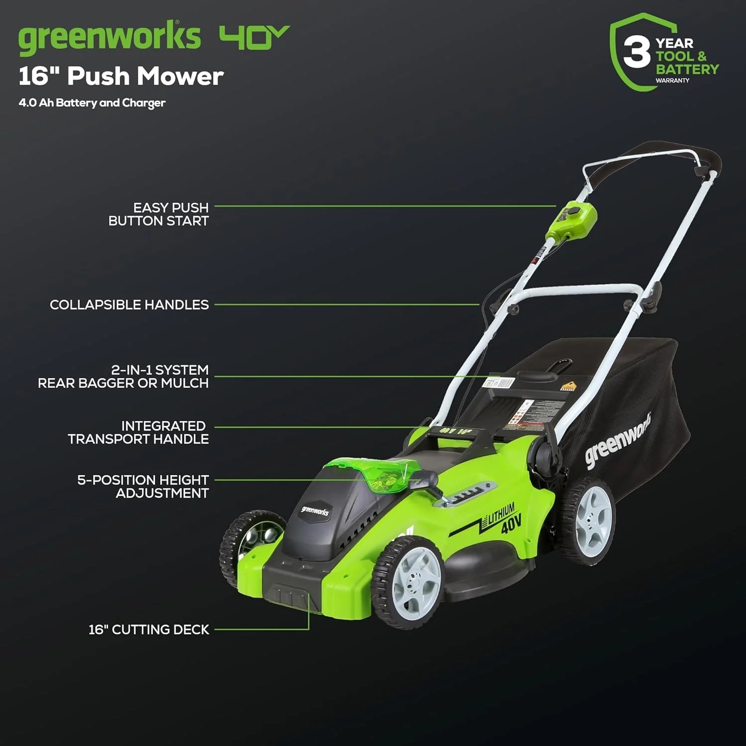 40V 16" Cordless Battery Push Lawn Mower w/ 4.0Ah Battery & Charger, LM1604 thumbnail 3