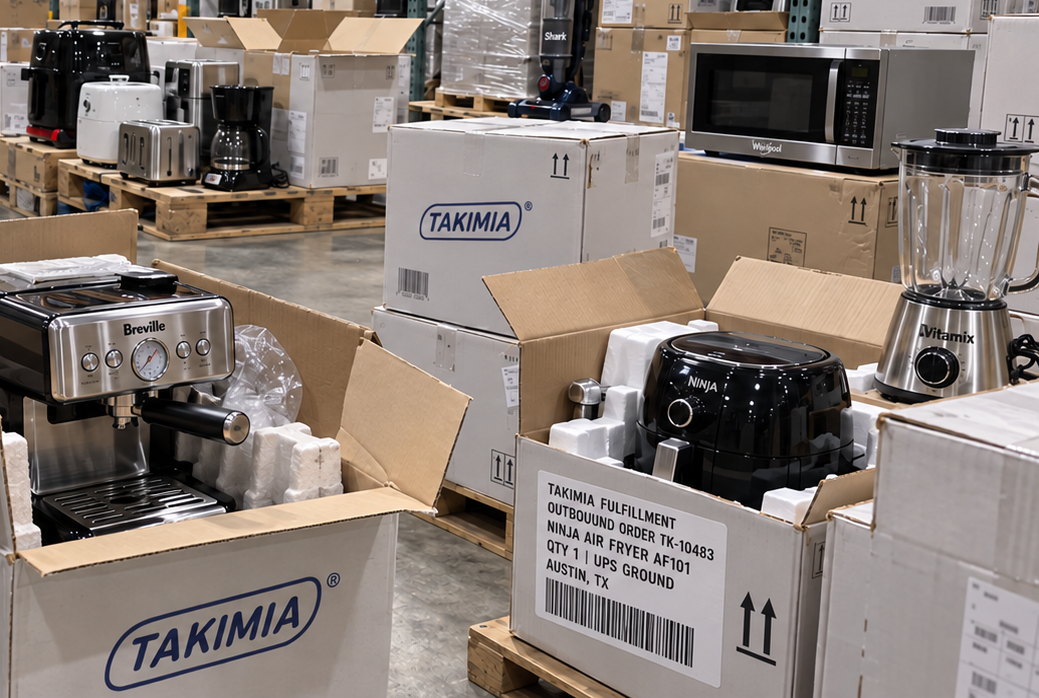 Takimia home appliances packed for shipment at a fulfillment warehouse